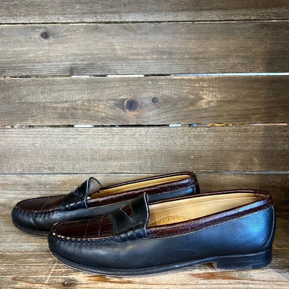 Womens Allen Edmonds Maine Shoe Black "Croc" Leather Penny Loafers Size 8 AA GUC - Picture 1 of 5